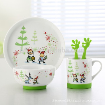 set of 5 cartoon design ceramic children dinner set with non-slip silicone base